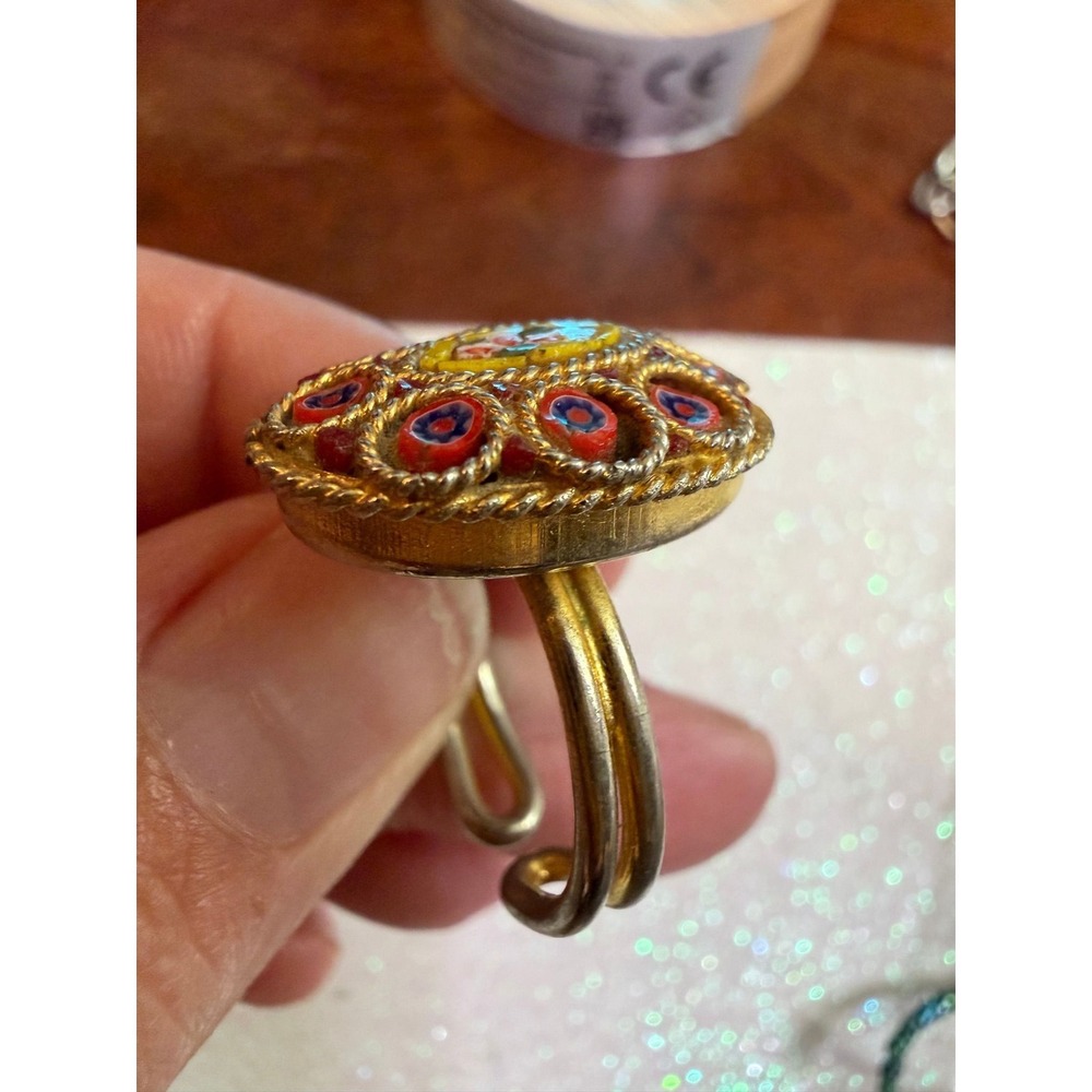 Vintage Italian Micro Mosaic Ring - Adjustable Forget-Me-Not Floral